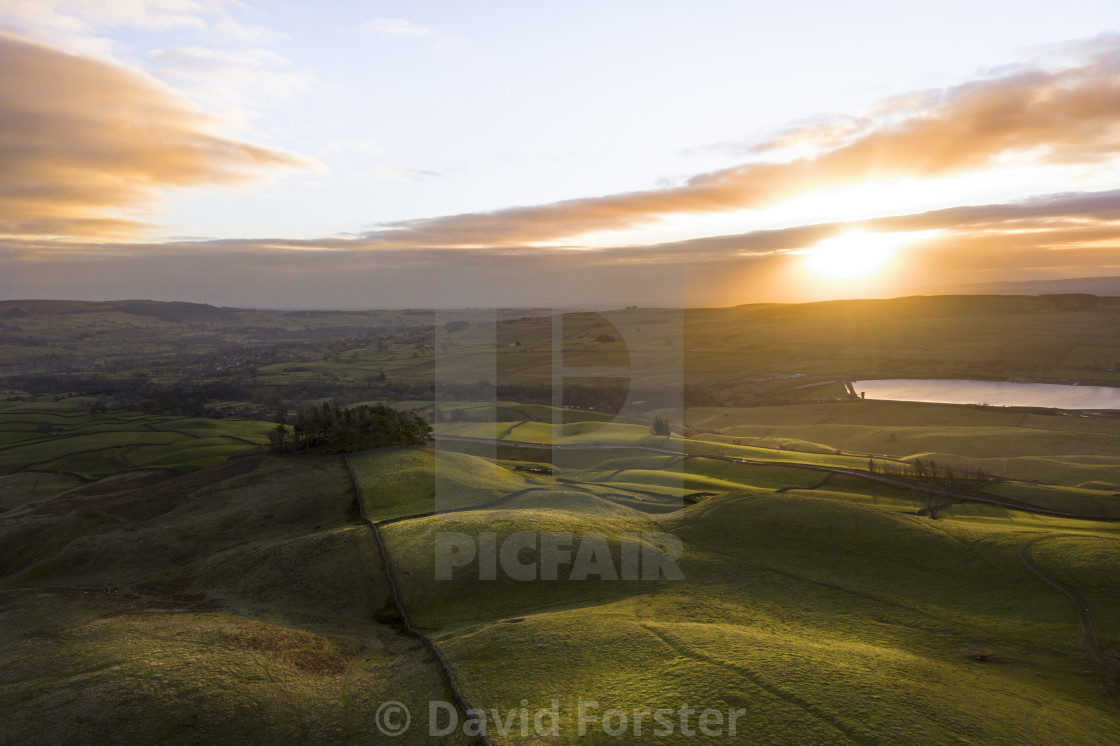 "Sunrise over Kirkcarrion, Teesdale, County Durham, UK" stock image