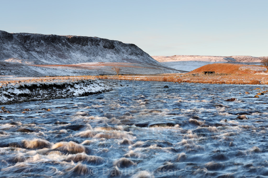 "The River Tees and Cronkley Fell in Winter, Teesdale, UK" stock image