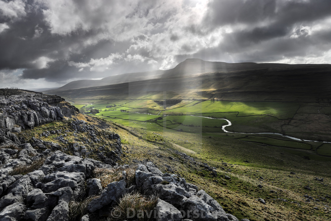 "Ingleborough and the River Doe viewed from Twisleton Scar, Yorkshire Dales, UK" stock image