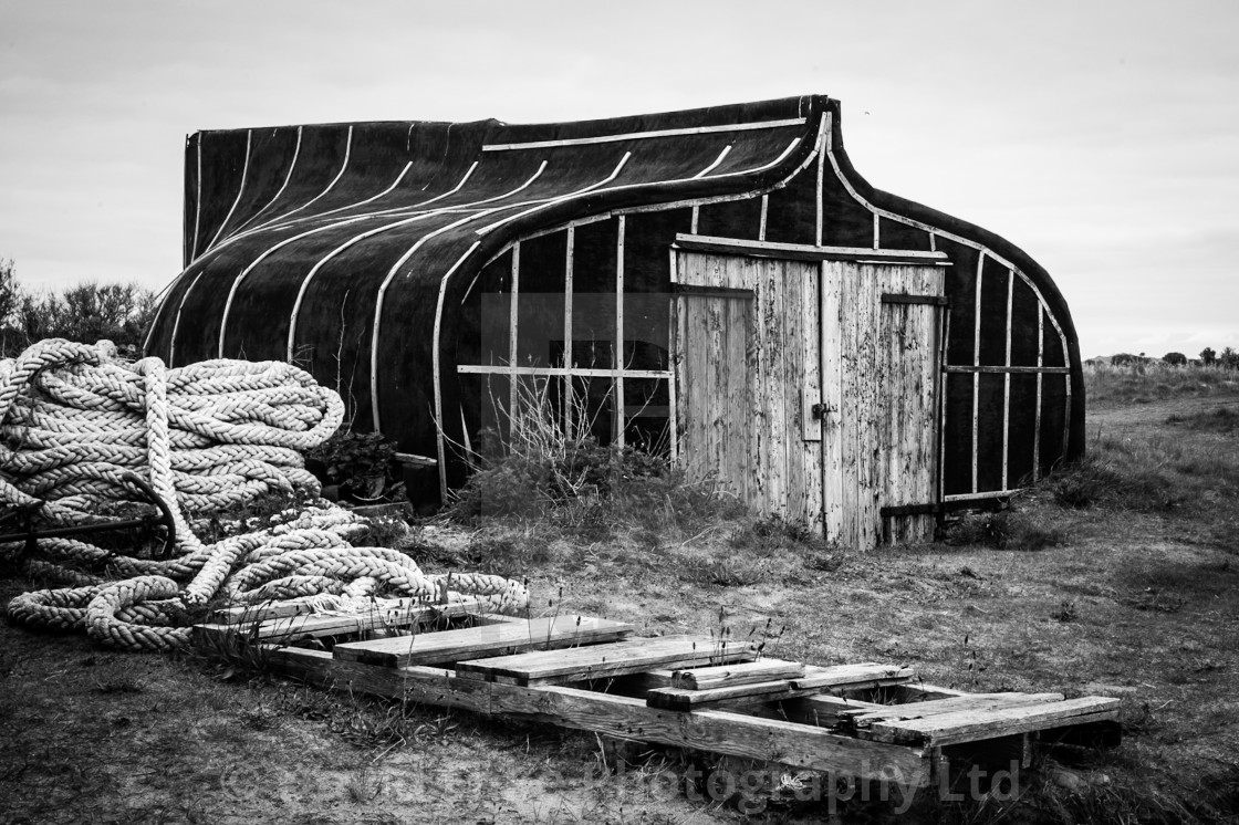 "MY WORLD - FISHING HUTS, LINDISFARNE, HOLY ISLAND" stock image