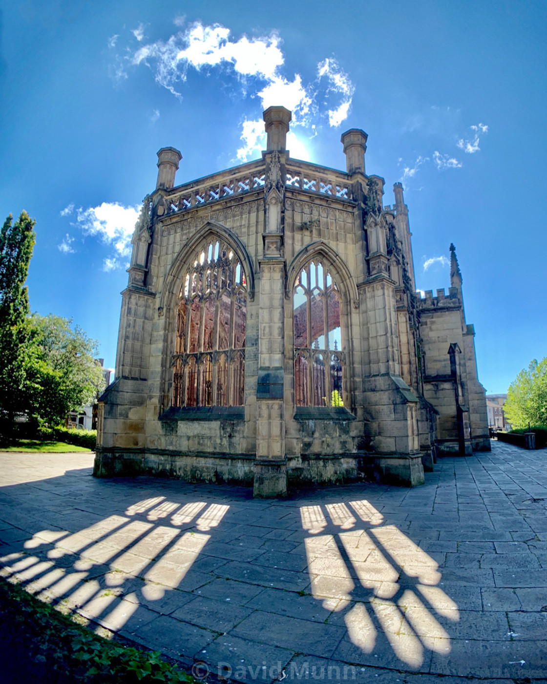 "Sunlight shining through the windows of St.Luke's Church in Liverpool" stock image