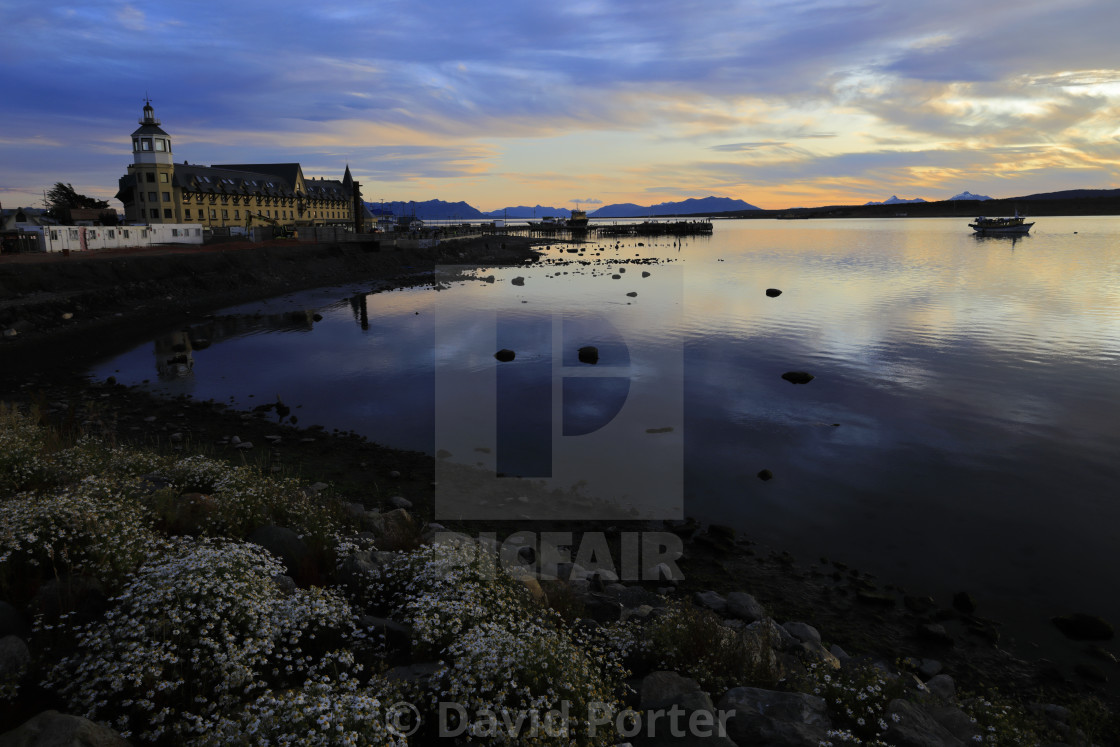 "Sunset over the Seafront promenade, Puerto Natales city, Patagonia, Chile,..." stock image