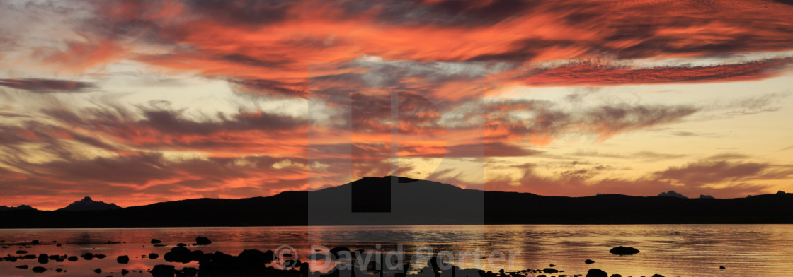 "Sunset over the Gulf of Admiral Montt, Puerto Natales city, Patagonia, Chile,..." stock image