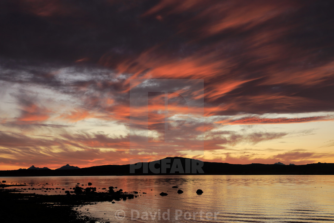 "Sunset over the Gulf of Admiral Montt, Puerto Natales city, Patagonia, Chile,..." stock image