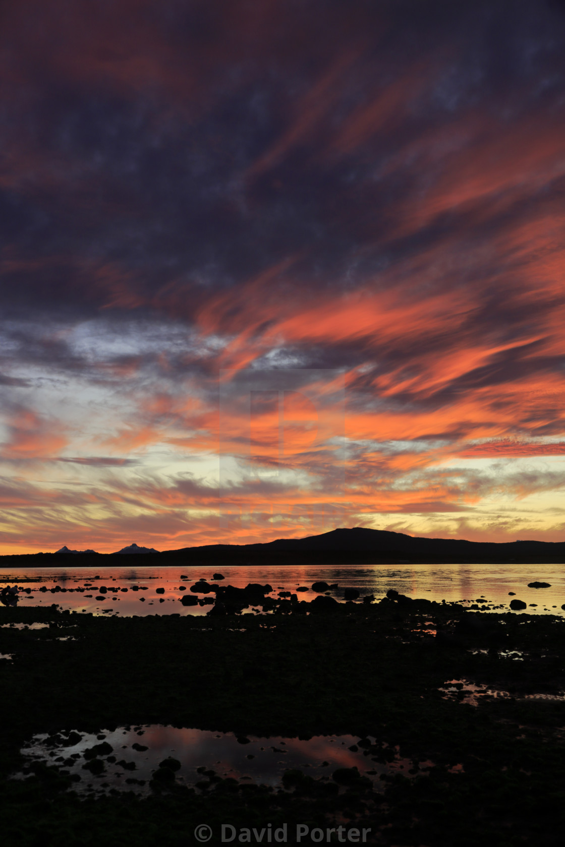 "Sunset over the Gulf of Admiral Montt, Puerto Natales city, Patagonia, Chile,..." stock image