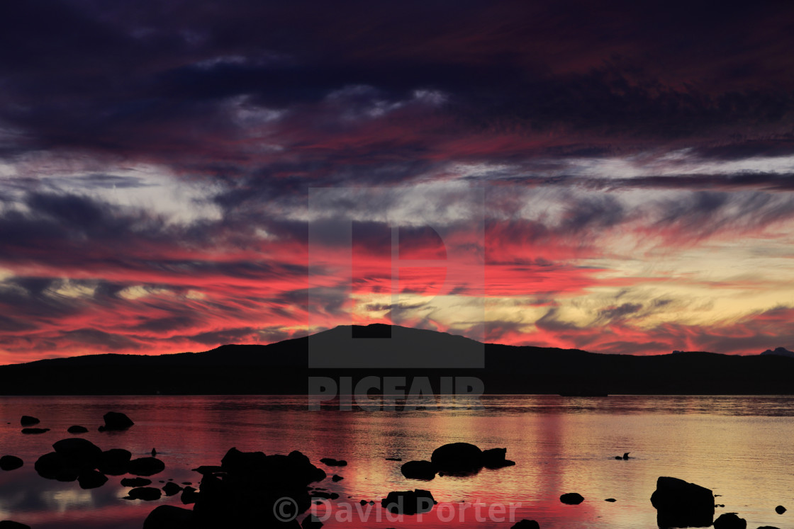 "Sunset over the Gulf of Admiral Montt, Puerto Natales city, Patagonia, Chile,..." stock image