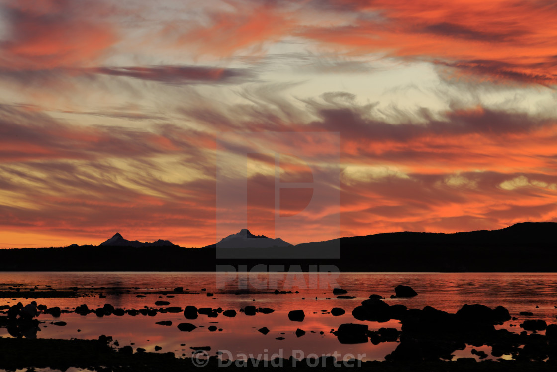 "Sunset over the Gulf of Admiral Montt, Puerto Natales city, Patagonia, Chile,..." stock image