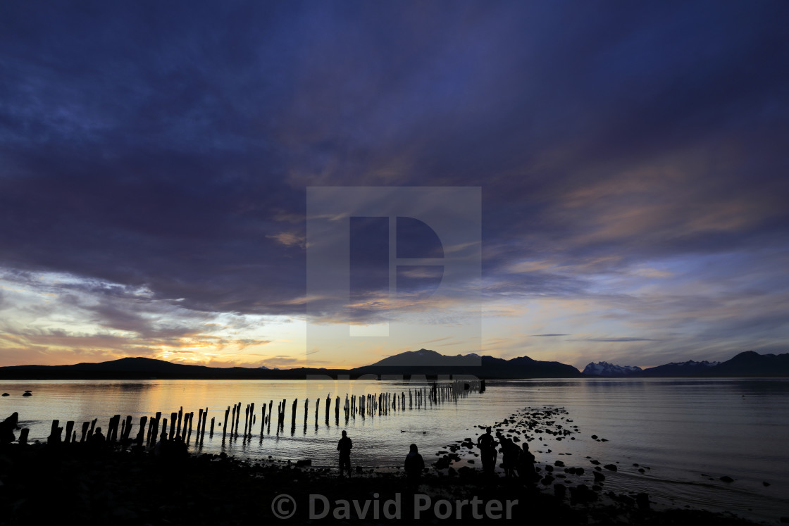 "Sunset over the Gulf of Admiral Montt, Puerto Natales city, Patagonia, Chile,..." stock image