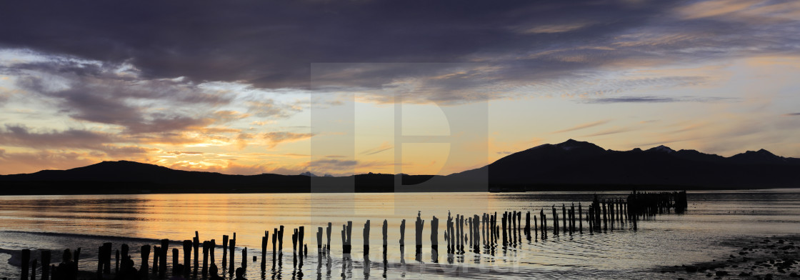 "Sunset over the Gulf of Admiral Montt, Puerto Natales city, Patagonia, Chile,..." stock image