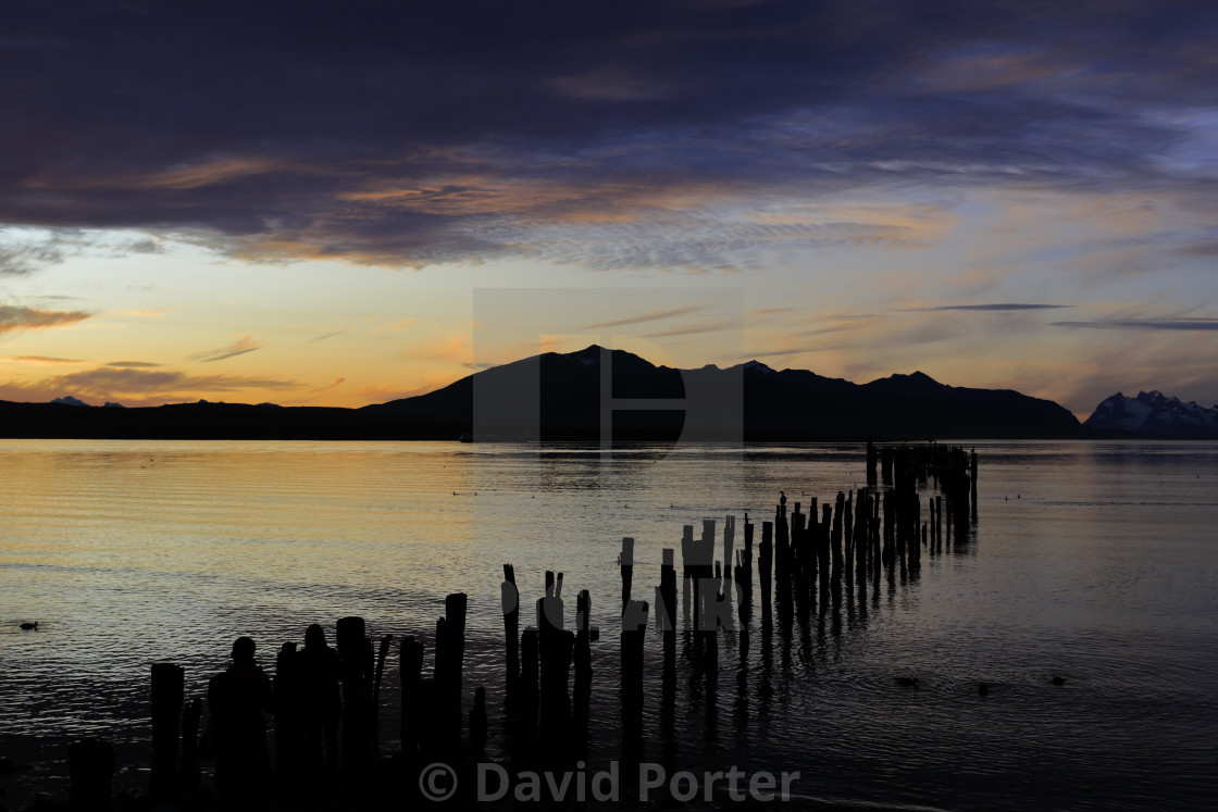 "Sunset over the Gulf of Admiral Montt, Puerto Natales city, Patagonia, Chile,..." stock image