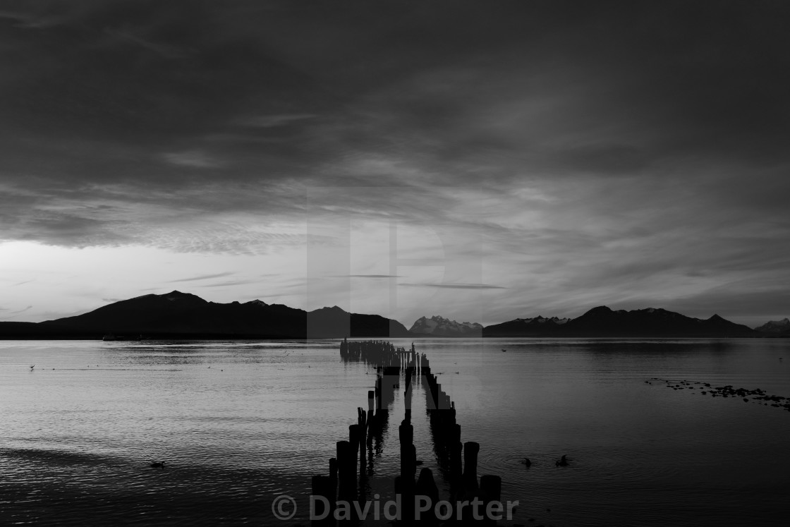 "Sunset over the Gulf of Admiral Montt, Puerto Natales city, Patagonia, Chile,..." stock image