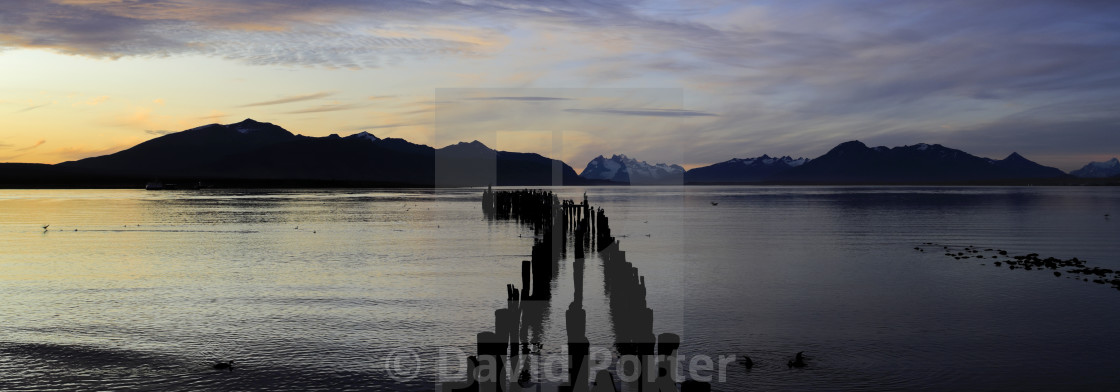 "Sunset over the Gulf of Admiral Montt, Puerto Natales city, Patagonia, Chile,..." stock image