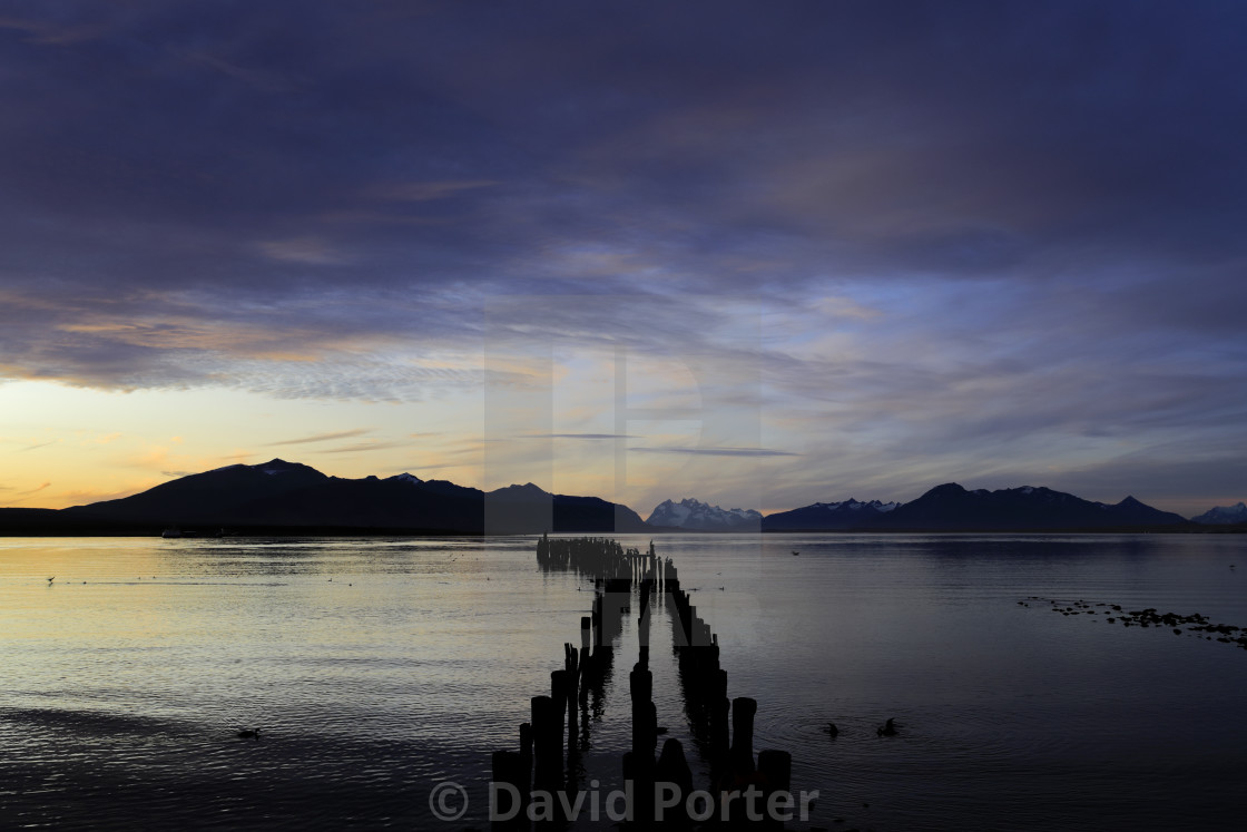 "Sunset over the Gulf of Admiral Montt, Puerto Natales city, Patagonia, Chile,..." stock image