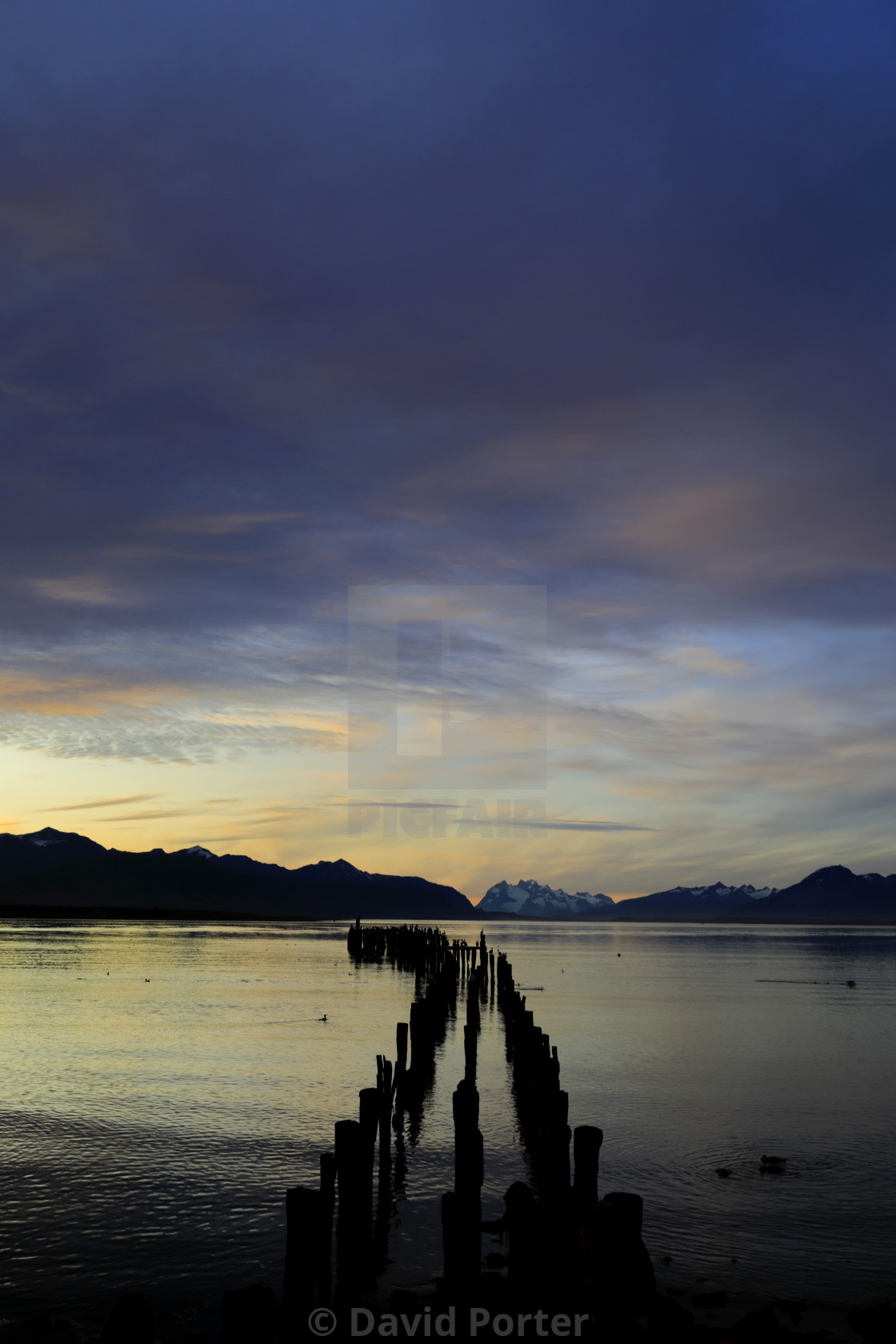 "Sunset over the Gulf of Admiral Montt, Puerto Natales city, Patagonia, Chile,..." stock image