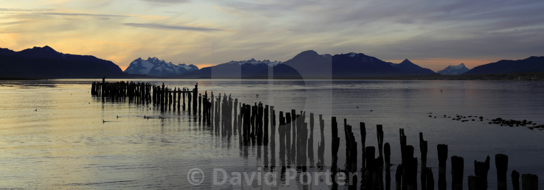 "Sunset over the Gulf of Admiral Montt, Puerto Natales city, Patagonia, Chile,..." stock image