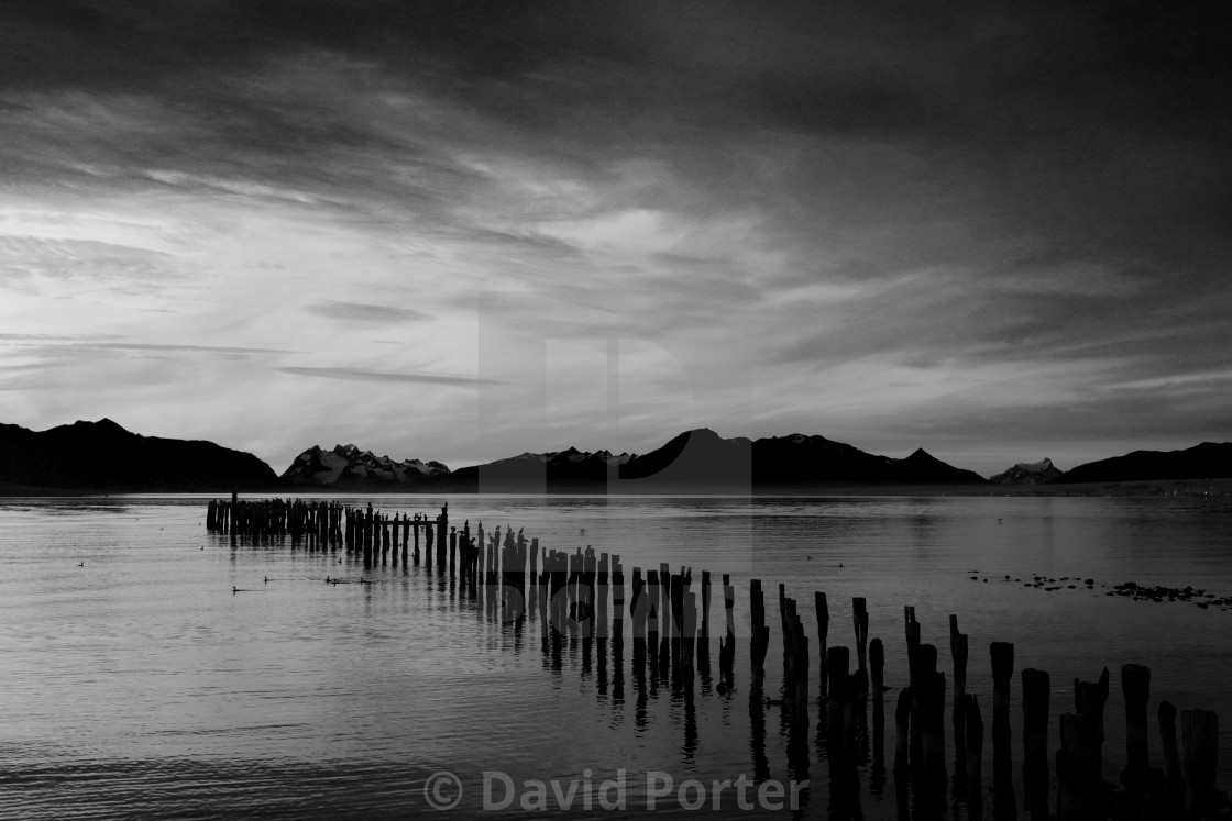 "Sunset over the Gulf of Admiral Montt, Puerto Natales city, Patagonia, Chile,..." stock image