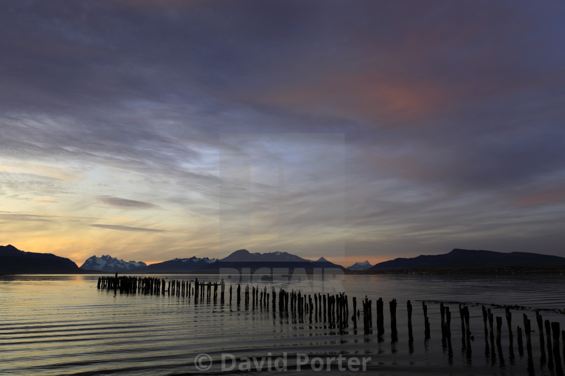 "Sunset over the Gulf of Admiral Montt, Puerto Natales city, Patagonia, Chile,..." stock image