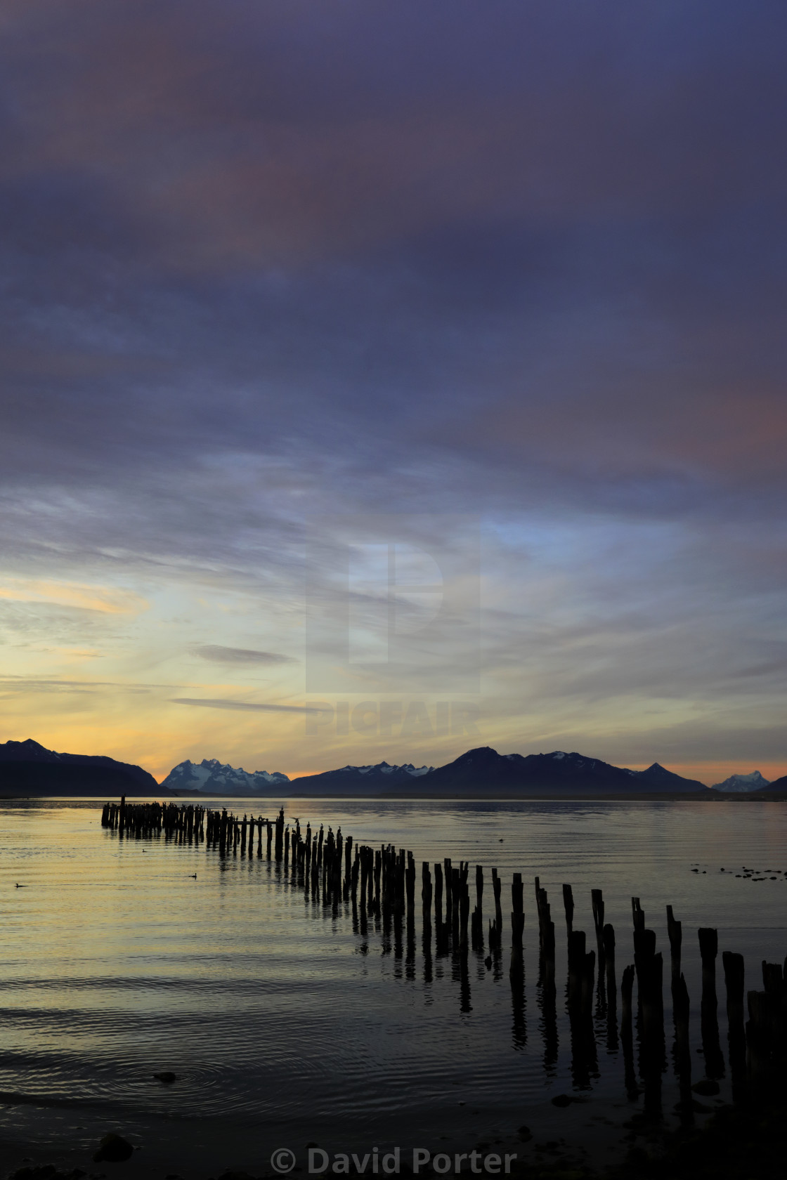 "Sunset over the Gulf of Admiral Montt, Puerto Natales city, Patagonia, Chile,..." stock image