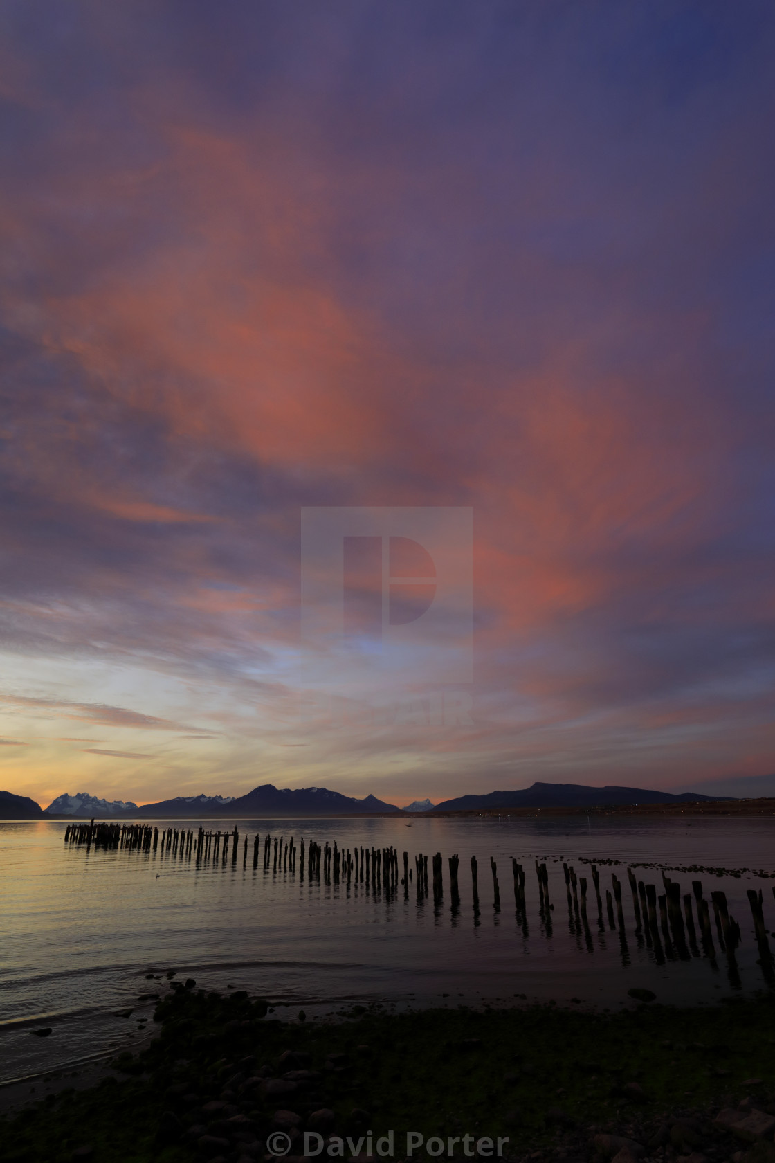 "Sunset over the Gulf of Admiral Montt, Puerto Natales city, Patagonia, Chile,..." stock image