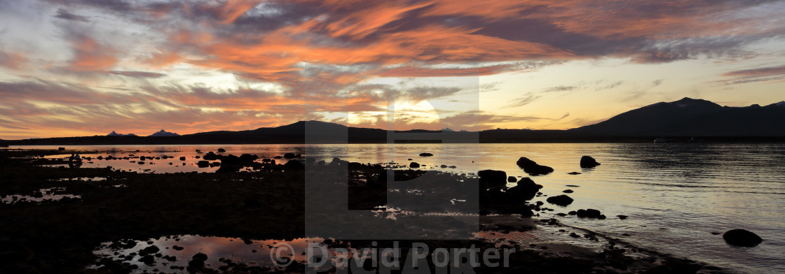 "Sunset over the Gulf of Admiral Montt, Puerto Natales city, Patagonia, Chile,..." stock image