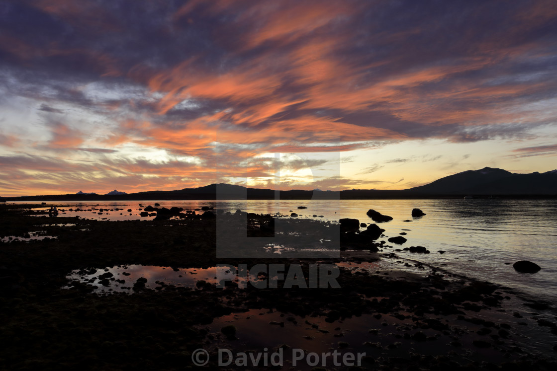 "Sunset over the Gulf of Admiral Montt, Puerto Natales city, Patagonia, Chile,..." stock image