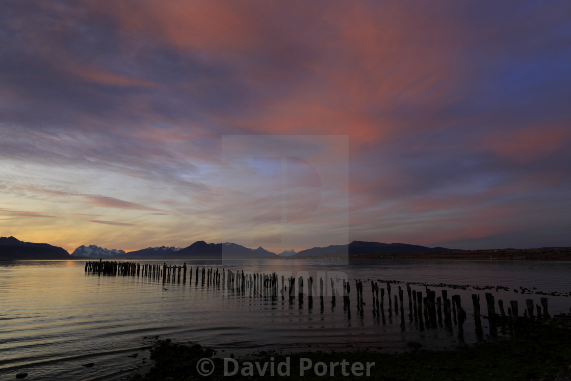 "Sunset over the Gulf of Admiral Montt, Puerto Natales city, Patagonia, Chile,..." stock image