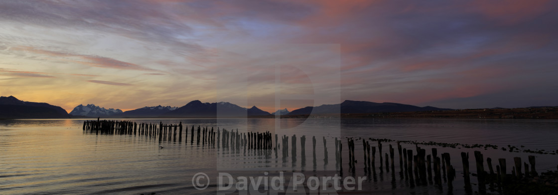 "Sunset over the Gulf of Admiral Montt, Puerto Natales city, Patagonia, Chile,..." stock image