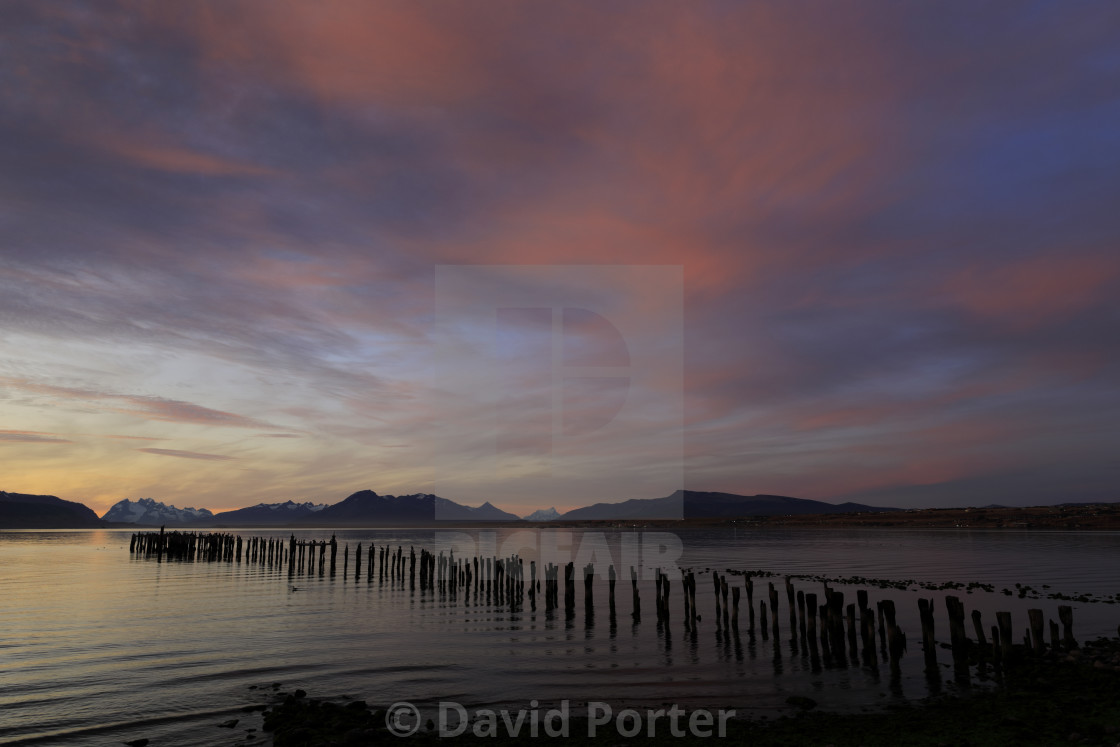 "Sunset over the Gulf of Admiral Montt, Puerto Natales city, Patagonia, Chile,..." stock image