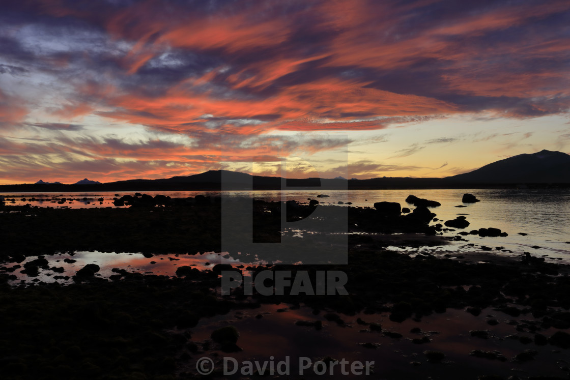 "Sunset over the Gulf of Admiral Montt, Puerto Natales city, Patagonia, Chile,..." stock image