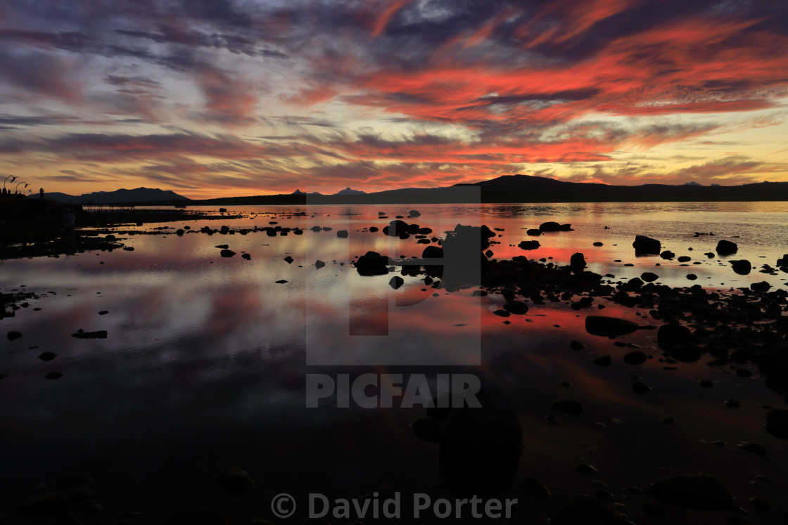 "Sunset over the Gulf of Admiral Montt, Puerto Natales city, Patagonia, Chile,..." stock image