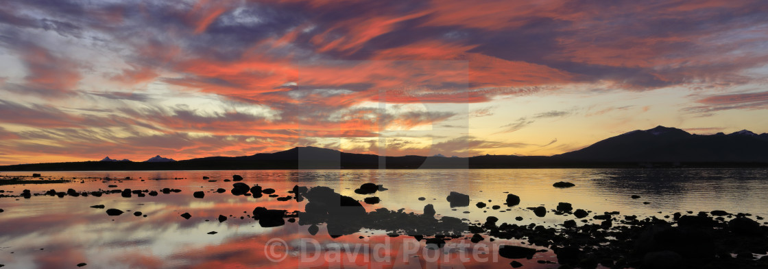 "Sunset over the Gulf of Admiral Montt, Puerto Natales city, Patagonia, Chile,..." stock image