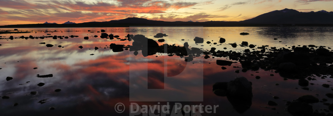 "Sunset over the Gulf of Admiral Montt, Puerto Natales city, Patagonia, Chile,..." stock image