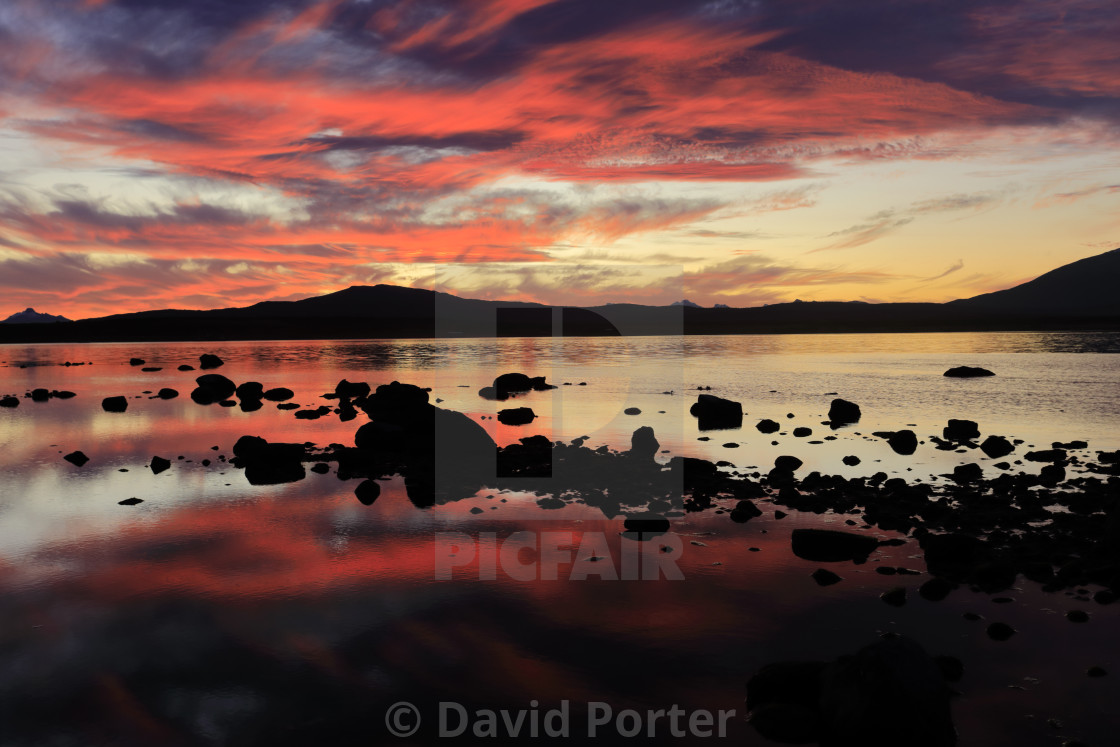 "Sunset over the Gulf of Admiral Montt, Puerto Natales city, Patagonia, Chile,..." stock image