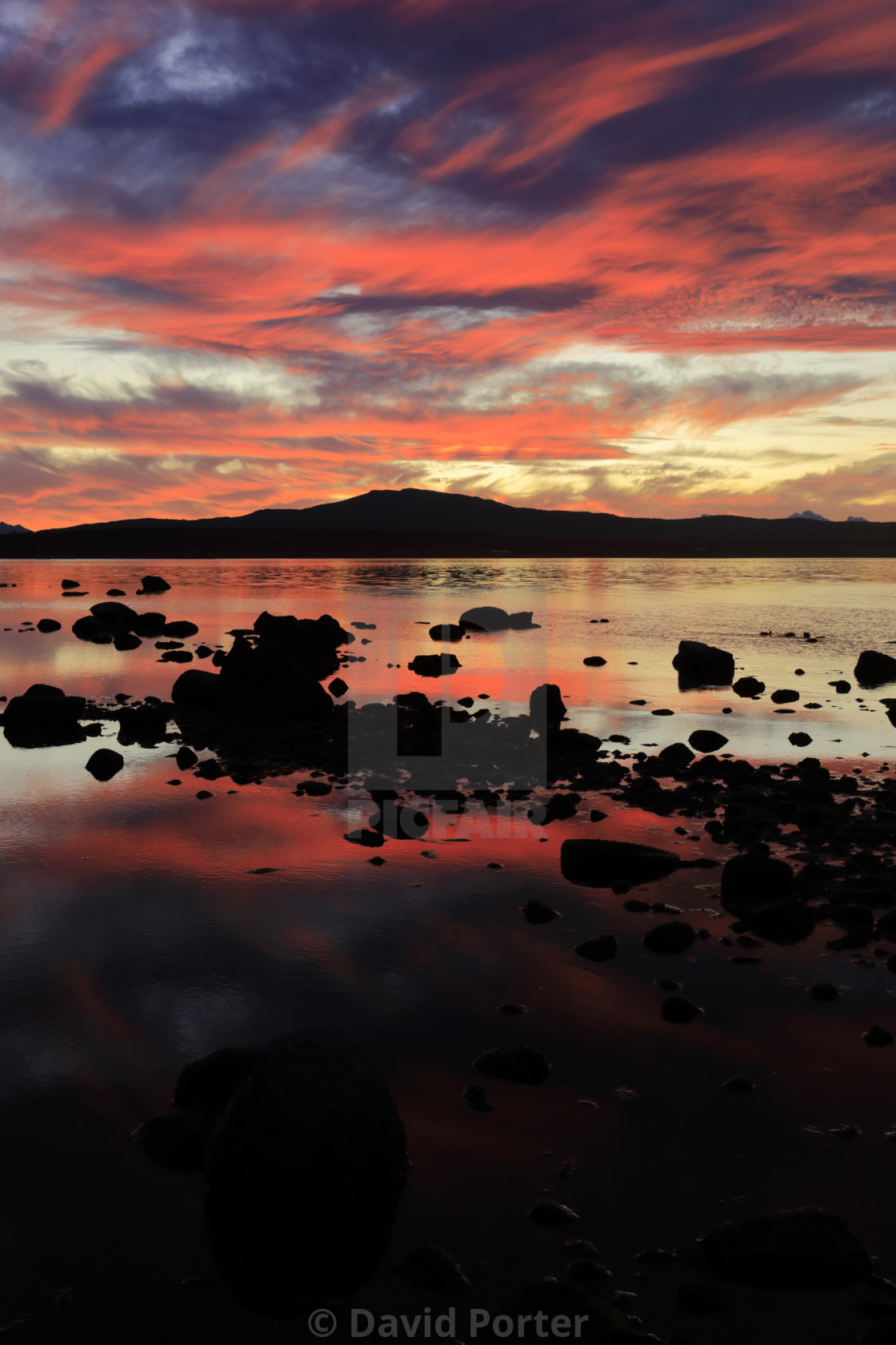 "Sunset over the Gulf of Admiral Montt, Puerto Natales city, Patagonia, Chile,..." stock image