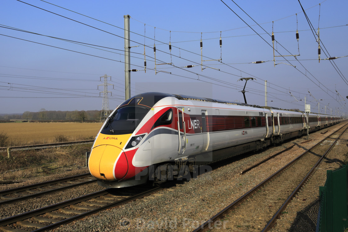 "LNER Azuma train, Class 800, East Coast Main Line Railway, Newark on Trent,..." stock image