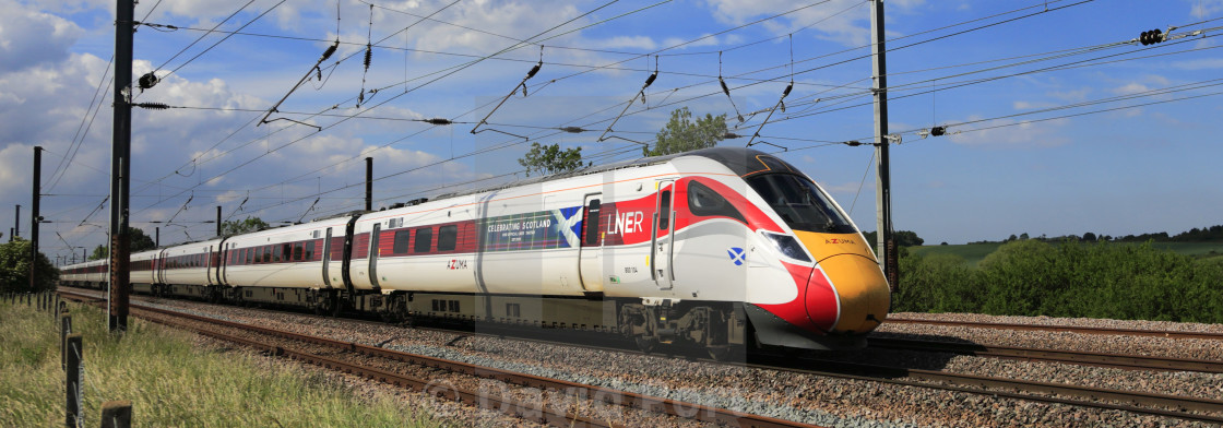 "The Celebrating Scotland train, LNER Azuma train, Class 800, East Coast Main..." stock image