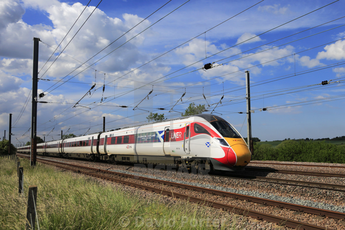 "The Celebrating Scotland train, LNER Azuma train, Class 800, East Coast Main..." stock image