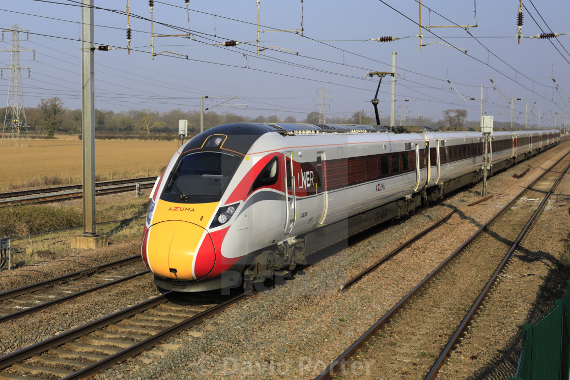 "LNER Azuma train, Class 800, East Coast Main Line Railway, Newark on Trent,..." stock image