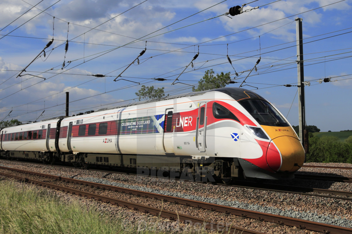 "The Celebrating Scotland train, LNER Azuma train, Class 800, East Coast Main..." stock image