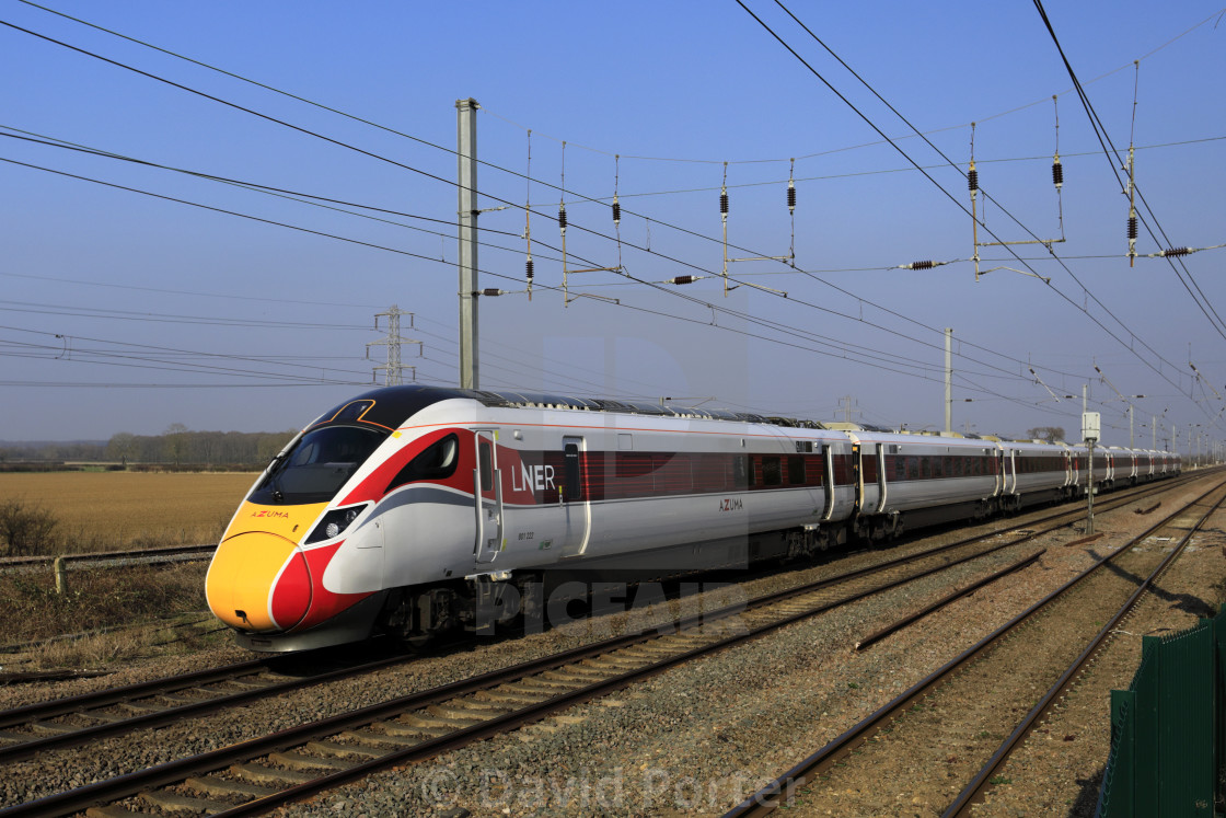 "LNER Azuma train, Class 800, East Coast Main Line Railway, Newark on Trent,..." stock image