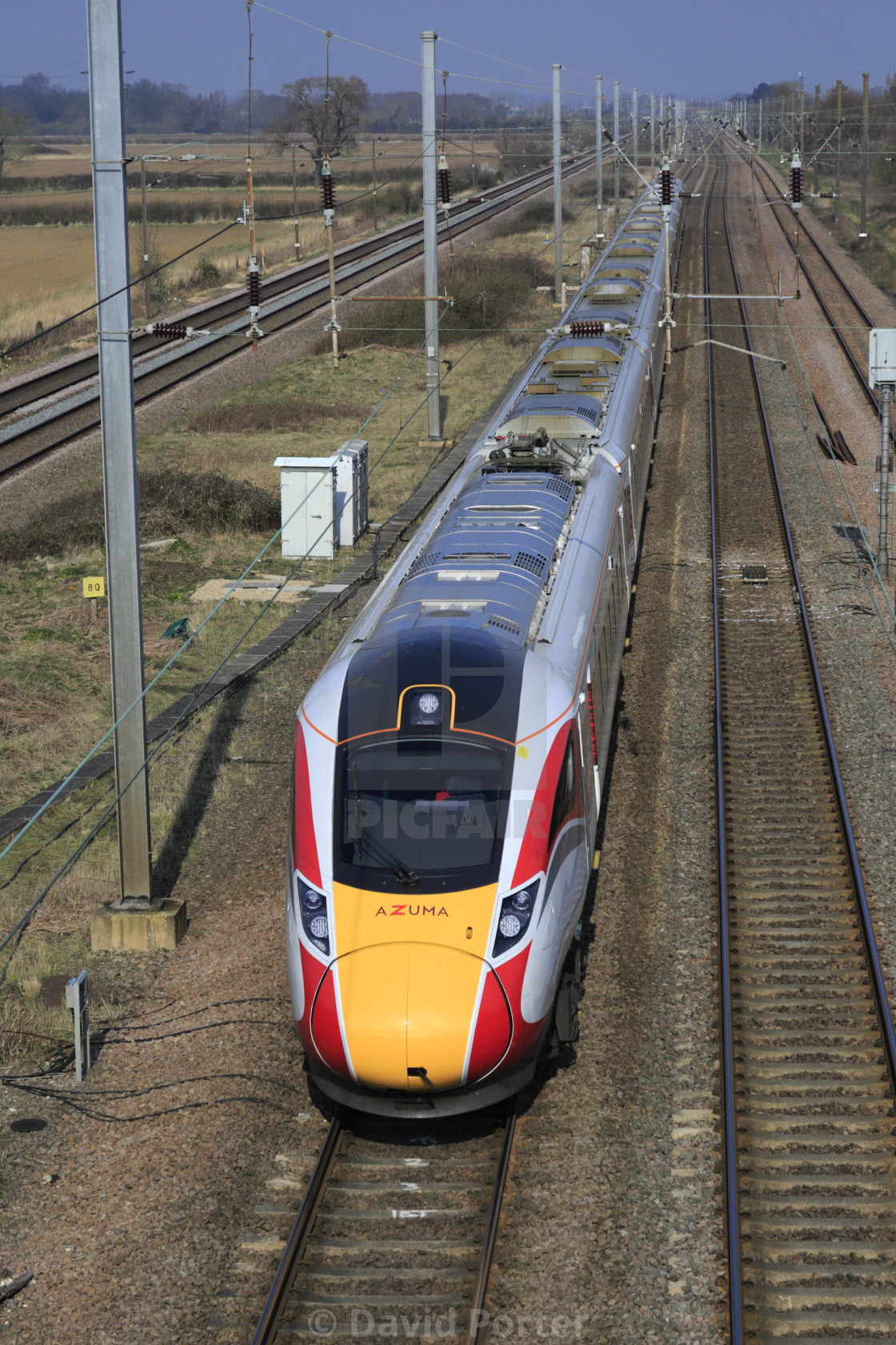 "LNER Azuma train, Class 800, East Coast Main Line Railway, Newark on Trent,..." stock image