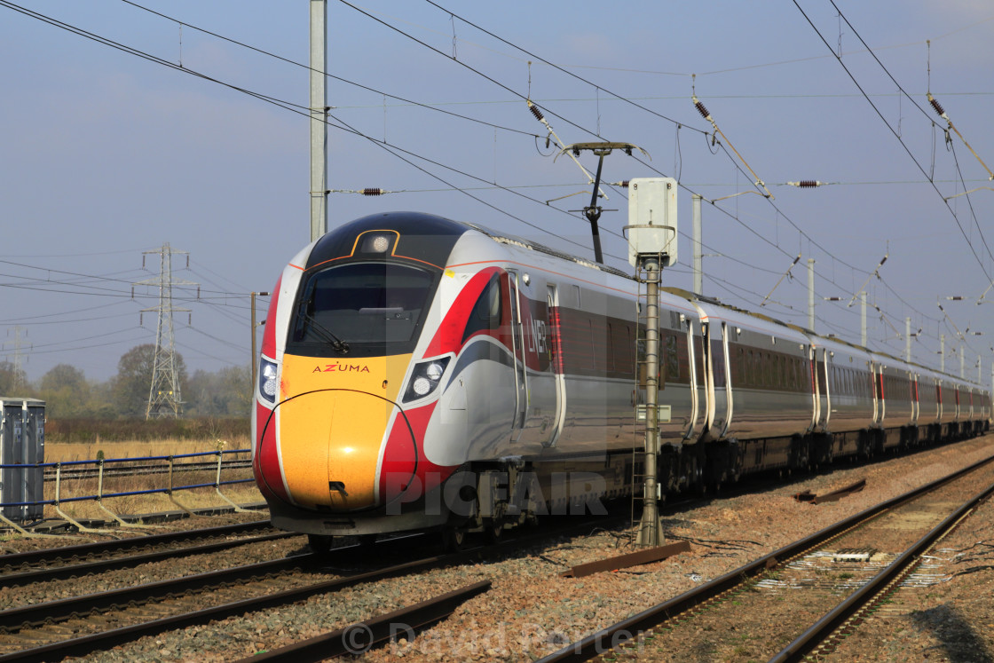 "LNER Azuma train, Class 800, East Coast Main Line Railway, Newark on Trent,..." stock image