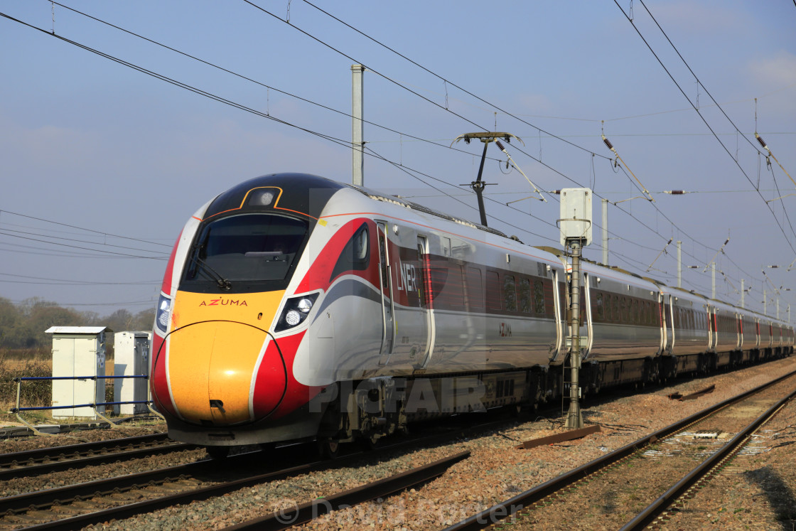 "LNER Azuma train, Class 800, East Coast Main Line Railway, Newark on Trent,..." stock image