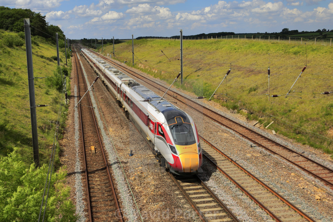 "LNER Azuma train, Class 800, East Coast Main Line Railway, Newark on Trent,..." stock image