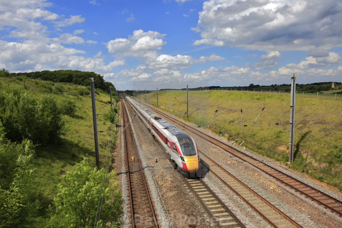 "LNER Azuma train, Class 800, East Coast Main Line Railway, Newark on Trent,..." stock image