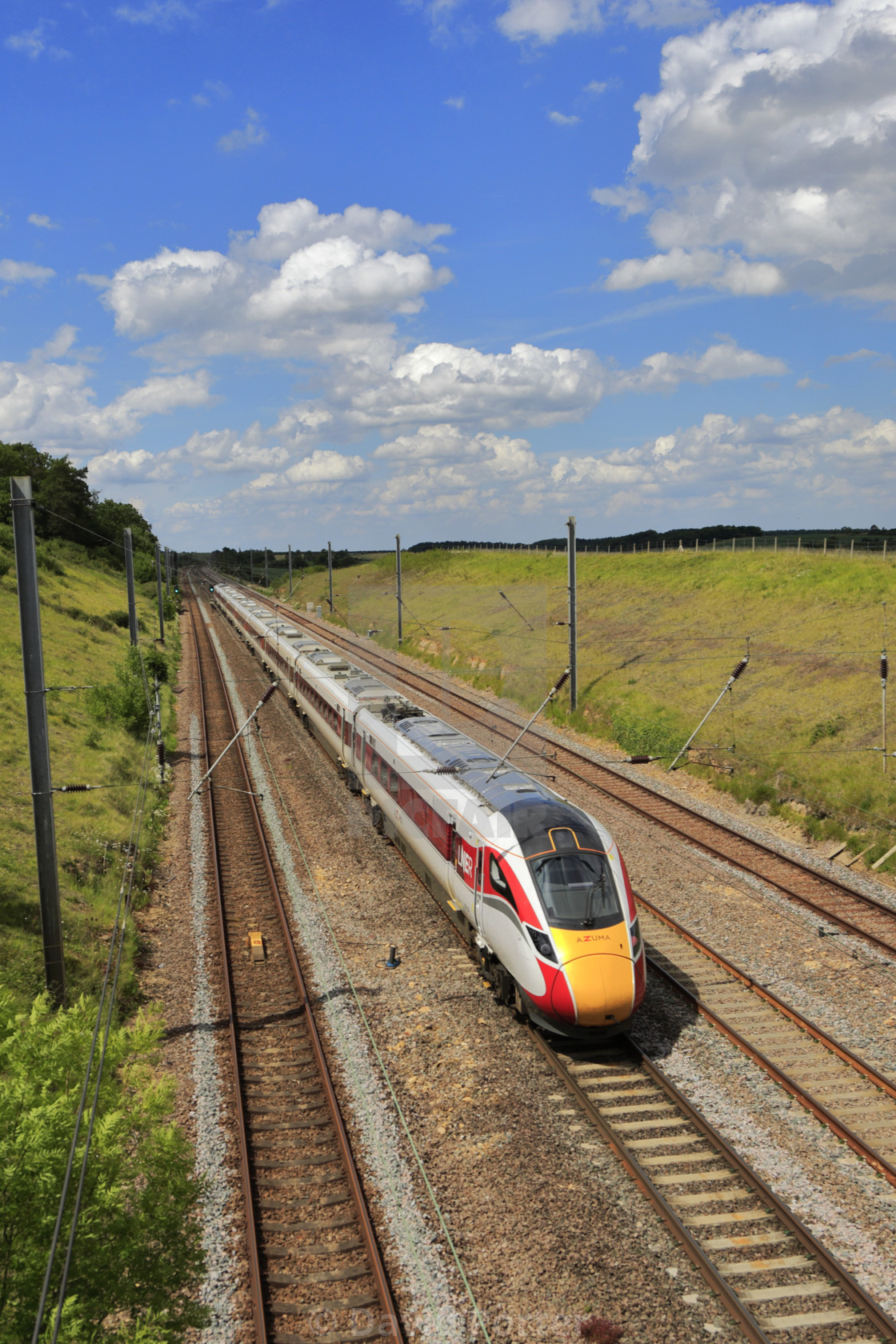 "LNER Azuma train, Class 800, East Coast Main Line Railway, Newark on Trent,..." stock image