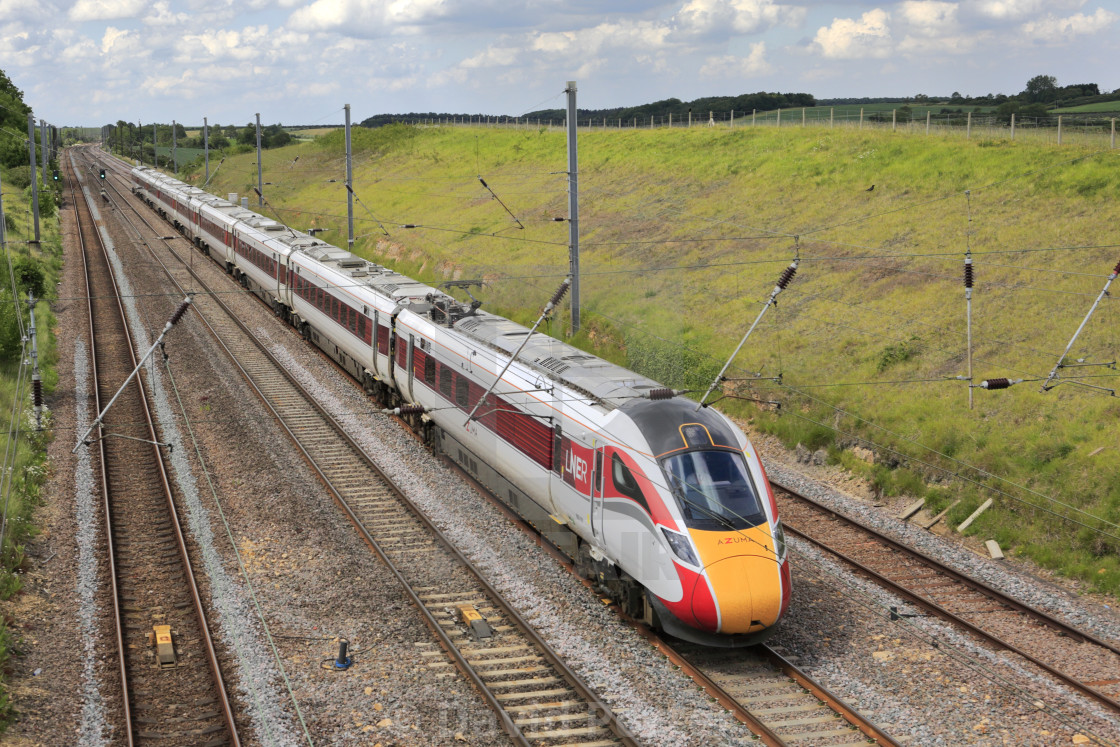 "LNER Azuma train, Class 800, East Coast Main Line Railway, Newark on Trent,..." stock image