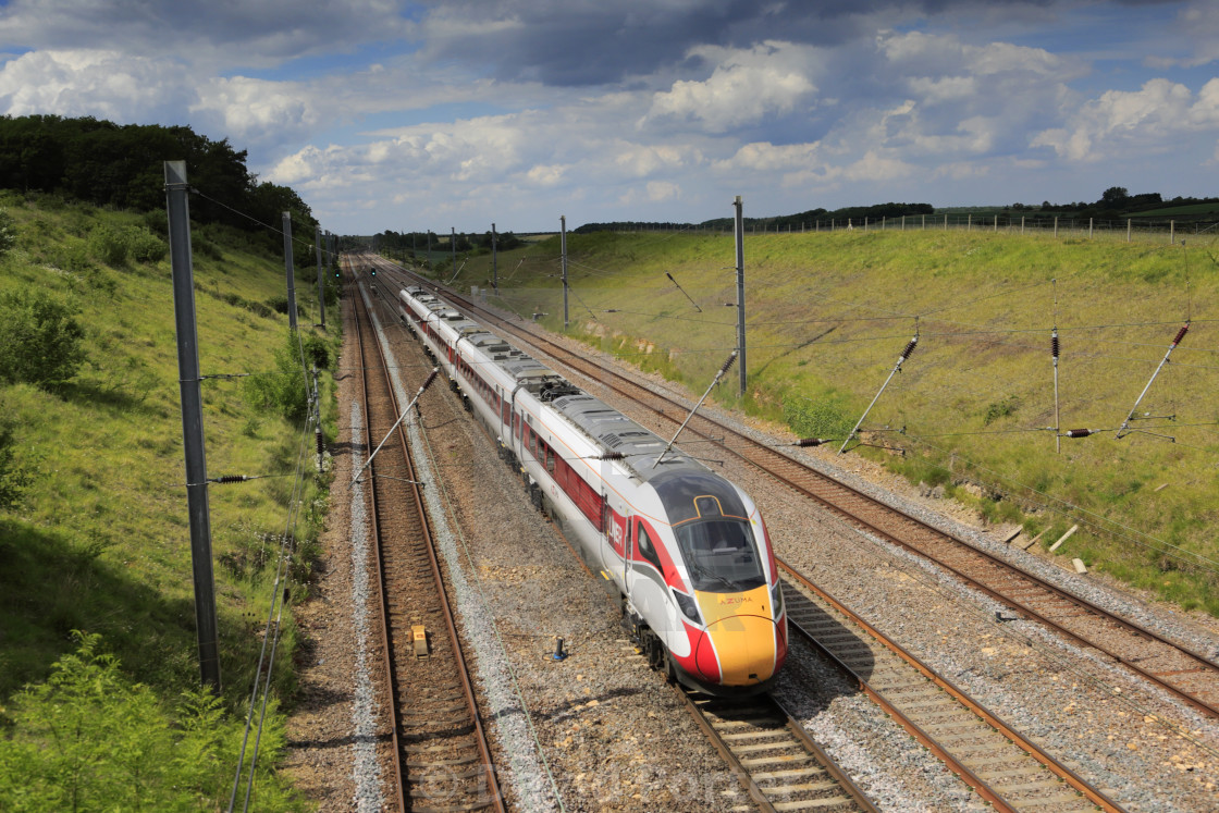 "LNER Azuma train, Class 800, East Coast Main Line Railway, Newark on Trent,..." stock image