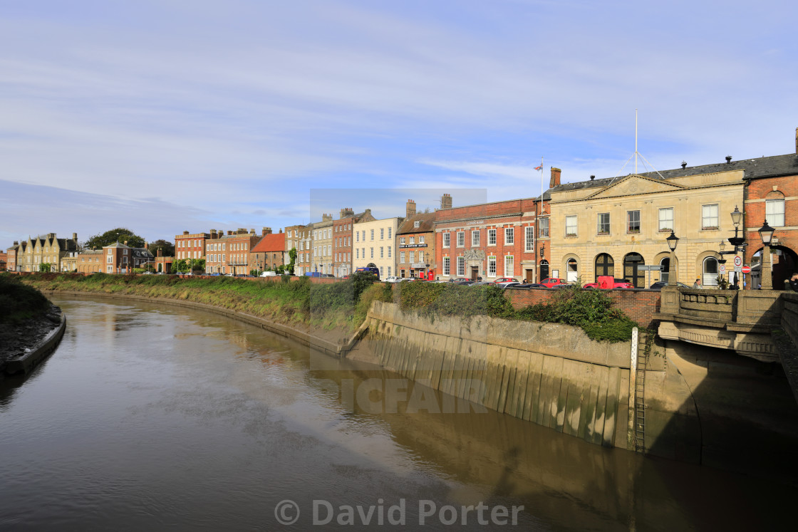 "The North Brink architecture, river Nene, Wisbech town, Cambridgeshire,..." stock image