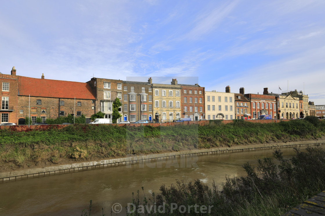 "The North Brink architecture, river Nene, Wisbech town, Cambridgeshire,..." stock image